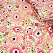 Tissu cotonnade aux belles fleurs roses graphiques sur fond blanc pois noirs - COLLECTION ÉTÉ - TissusPapi.com