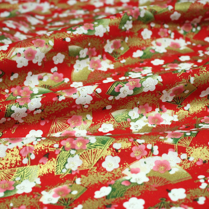 Tissu cotonnade éventails japonais dorés & fleurs sakura : bleu ou rouge - COLLECTION JAPON DORÉ - TissusPapi.com