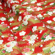 Tissu cotonnade éventails japonais dorés & fleurs sakura : bleu ou rouge - COLLECTION JAPON DORÉ - TissusPapi.com