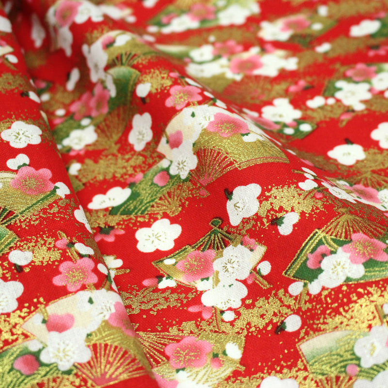 Tissu cotonnade éventails japonais dorés & fleurs sakura : bleu ou rouge - COLLECTION JAPON DORÉ - TissusPapi.com