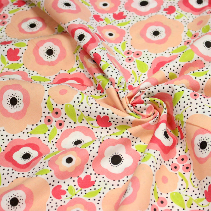 Tissu cotonnade aux belles fleurs roses graphiques sur fond blanc pois noirs - COLLECTION ÉTÉ - TissusPapi.com