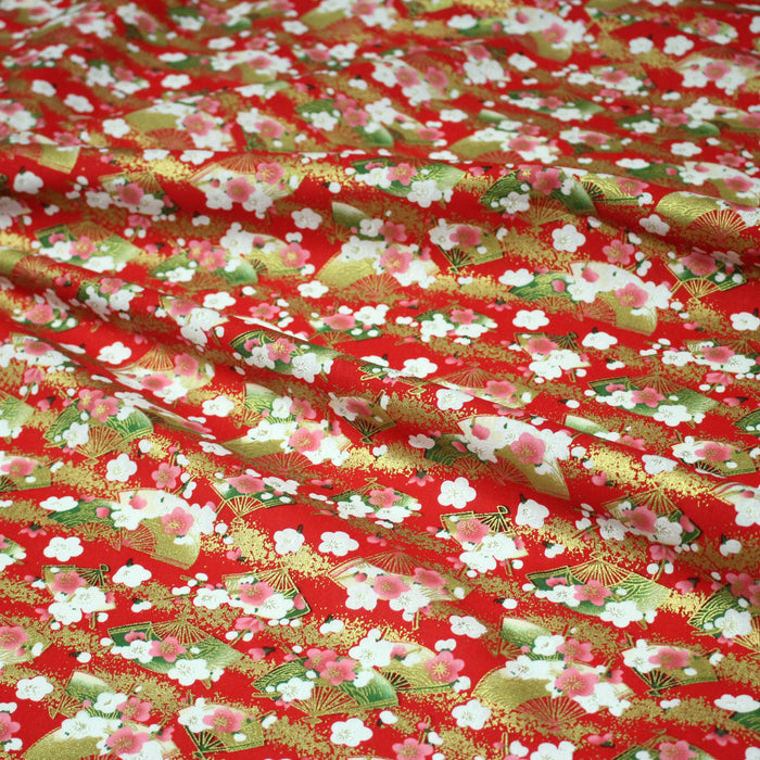 Tissu cotonnade rouge aux éventails dorés & fleurs sakura - COLLECTION JAPON DORÉ