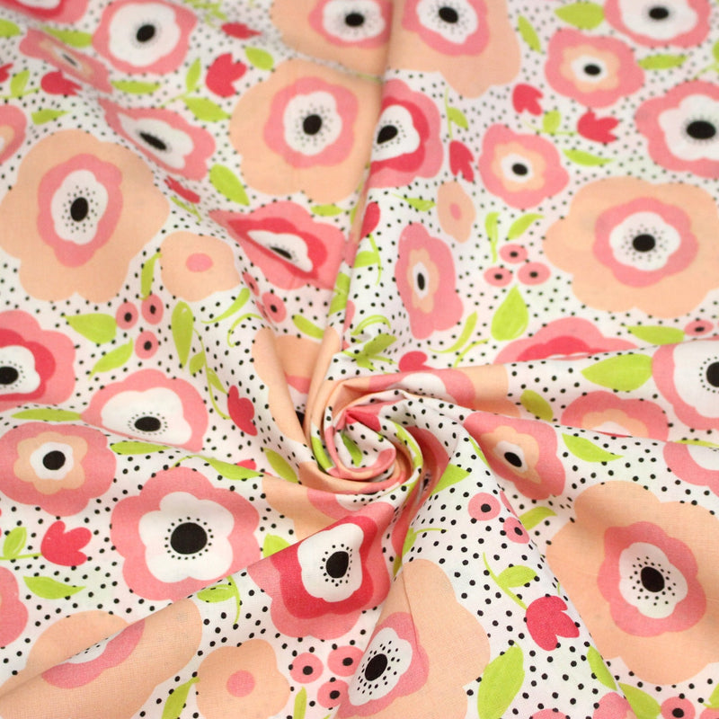 Tissu cotonnade aux belles fleurs roses graphiques sur fond blanc pois noirs - COLLECTION ÉTÉ - TissusPapi.com