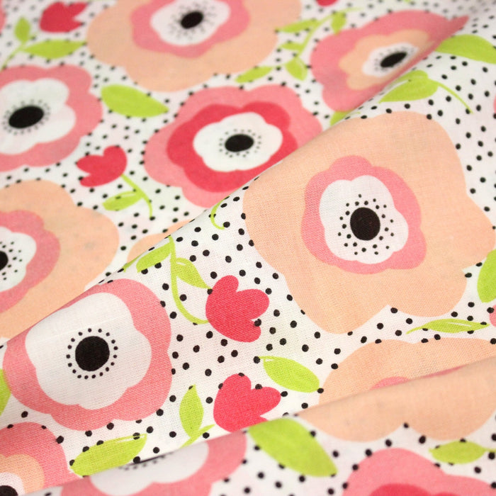 Tissu cotonnade aux belles fleurs roses graphiques sur fond blanc pois noirs - COLLECTION ÉTÉ - TissusPapi.com