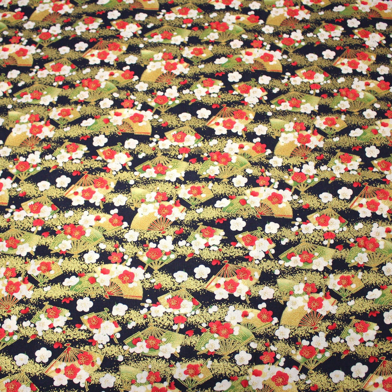 Tissu cotonnade éventails japonais dorés & fleurs sakura : bleu ou rouge - COLLECTION JAPON DORÉ - TissusPapi.com