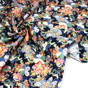 Tissu cotonnade motif japonais traditionnels : fleuris multicolores, fond noir / bleu / rouge - COLLECTION JAPON DORÉ - TissusPapi.com