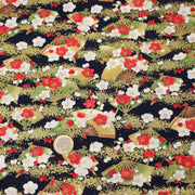 Tissu cotonnade éventails japonais dorés & fleurs sakura : bleu ou rouge - COLLECTION JAPON DORÉ - TissusPapi.com