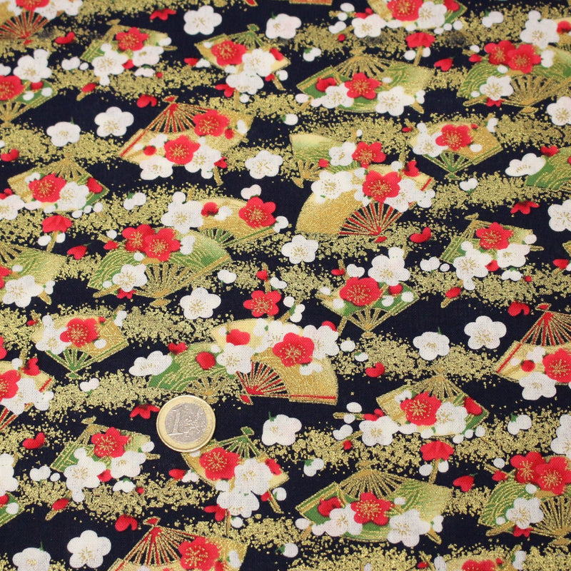 Tissu cotonnade éventails japonais dorés & fleurs sakura : bleu ou rouge - COLLECTION JAPON DORÉ - TissusPapi.com