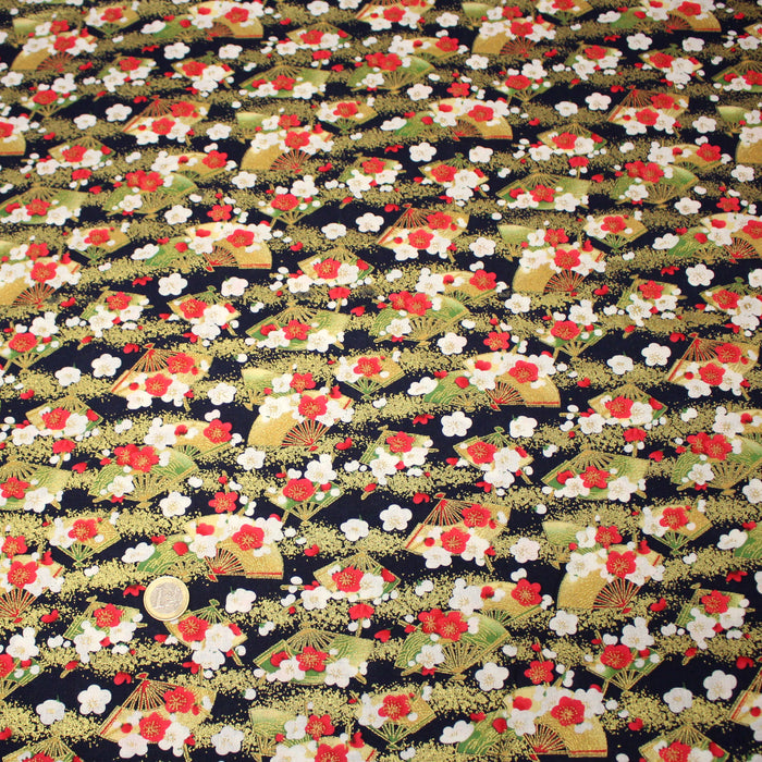 Tissu cotonnade bleu marine aux éventails dorés & fleurs sakura - COLLECTION JAPON DORÉ