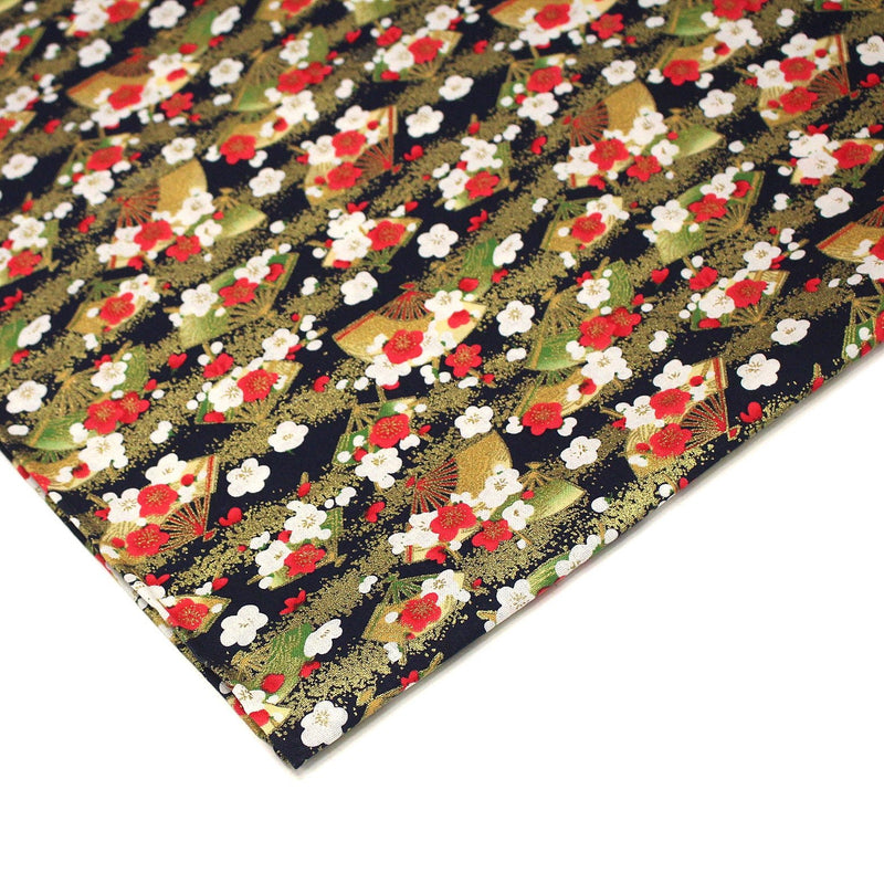 Tissu cotonnade éventails japonais dorés & fleurs sakura : bleu ou rouge - COLLECTION JAPON DORÉ - TissusPapi.com