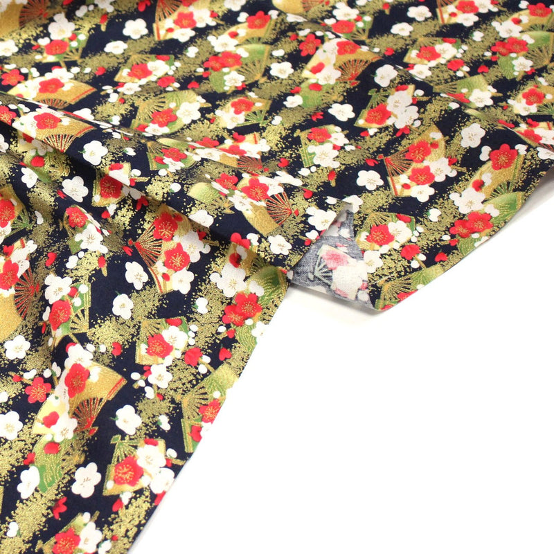 Tissu cotonnade éventails japonais dorés & fleurs sakura : bleu ou rouge - COLLECTION JAPON DORÉ - TissusPapi.com