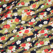 Tissu cotonnade éventails japonais dorés & fleurs sakura : bleu ou rouge - COLLECTION JAPON DORÉ - TissusPapi.com