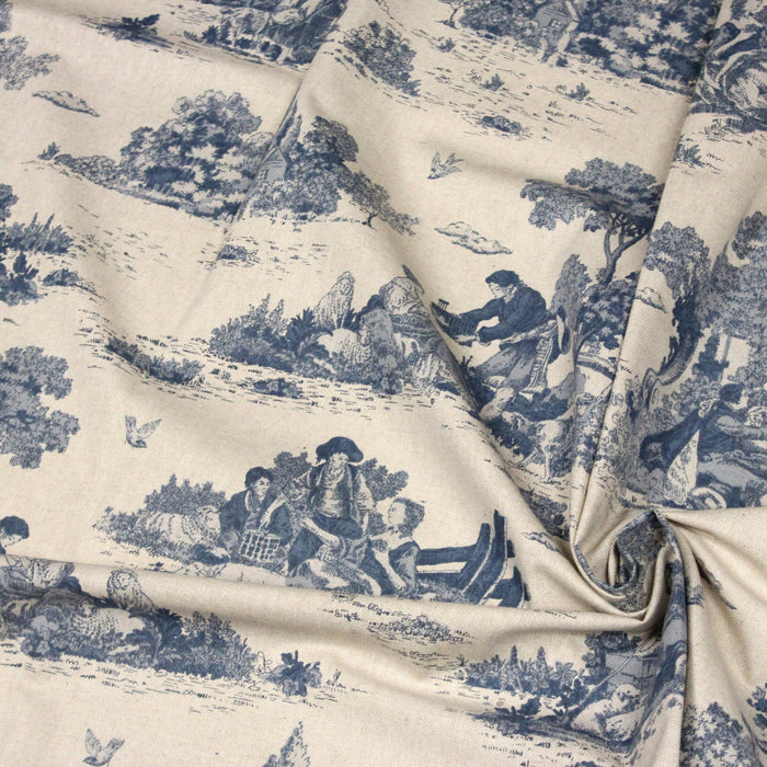 Tissu de coton Toile de Jouy traditionnelle française bleue, fond lin - COLLECTION VERSAILLES