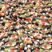 Tissu cotonnade éventails japonais dorés & fleurs sakura : bleu ou rouge - COLLECTION JAPON DORÉ - TissusPapi.com