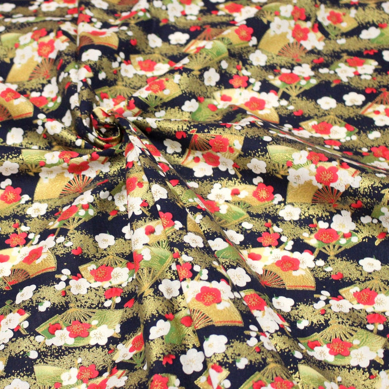 Tissu cotonnade éventails japonais dorés & fleurs sakura : bleu ou rouge - COLLECTION JAPON DORÉ - TissusPapi.com