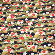 Tissu cotonnade éventails japonais dorés & fleurs sakura : bleu ou rouge - COLLECTION JAPON DORÉ - TissusPapi.com