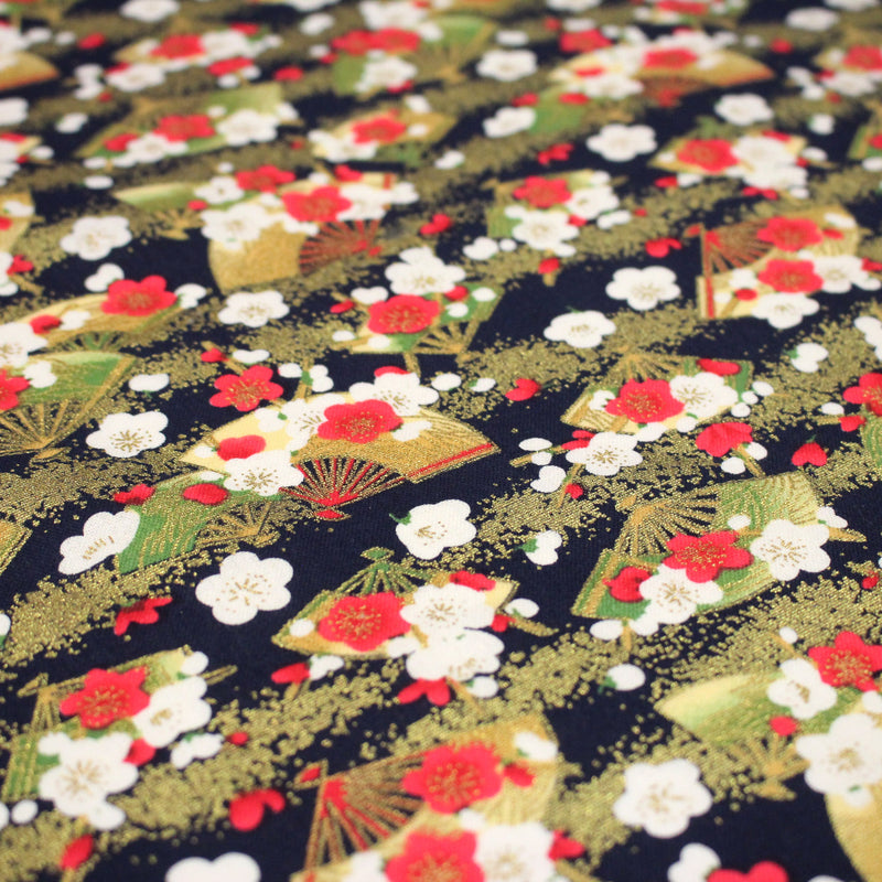 Tissu cotonnade éventails japonais dorés & fleurs sakura : bleu ou rouge - COLLECTION JAPON DORÉ - TissusPapi.com