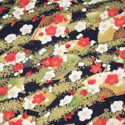 Tissu cotonnade éventails japonais dorés & fleurs sakura : bleu ou rouge - COLLECTION JAPON DORÉ - TissusPapi.com