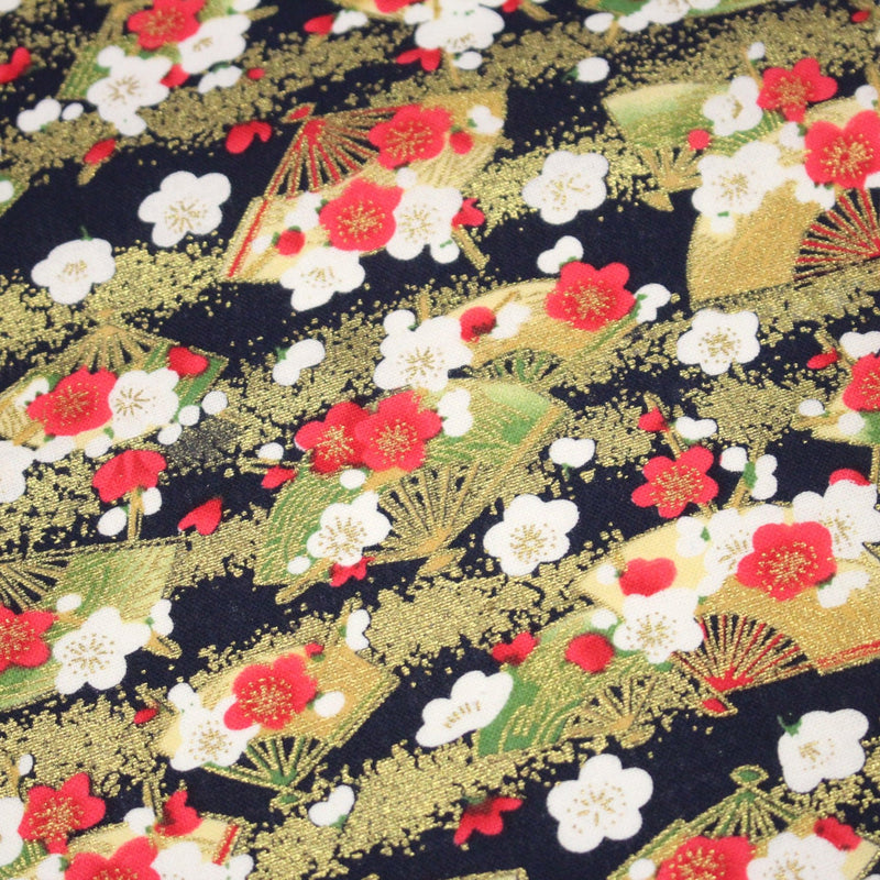 Tissu cotonnade éventails japonais dorés & fleurs sakura : bleu ou rouge - COLLECTION JAPON DORÉ - TissusPapi.com