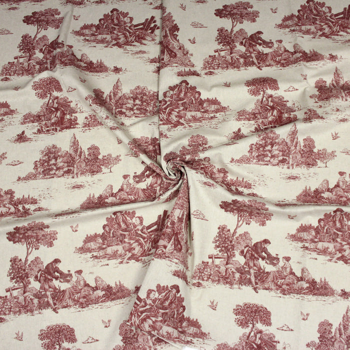 Tissu de coton Toile de Jouy traditionnelle française rouge, fond lin - COLLECTION VERSAILLES