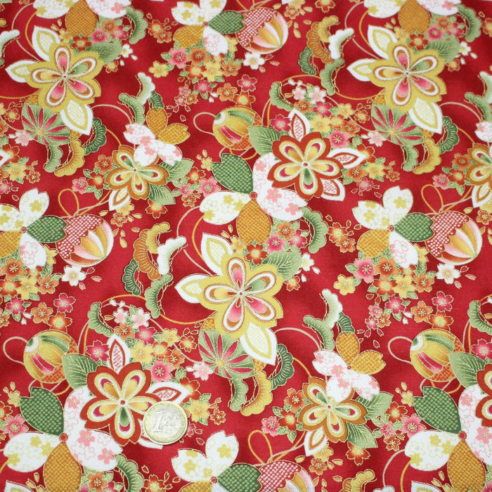 Tissu cotonnade motif japonais traditionnels : fleuris multicolores, fond noir / bleu / rouge - COLLECTION JAPON DORÉ - TissusPapi.com