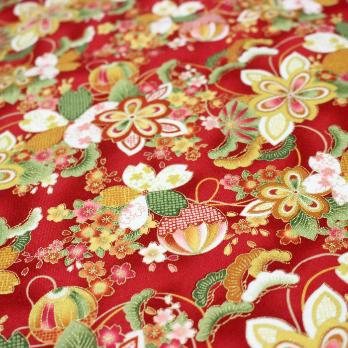 Tissu cotonnade motif japonais traditionnels : fleuris multicolores, fond noir / bleu / rouge - COLLECTION JAPON DORÉ - TissusPapi.com