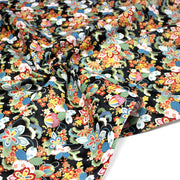 Tissu cotonnade motif japonais traditionnels : fleuris multicolores, fond noir / bleu / rouge - COLLECTION JAPON DORÉ - TissusPapi.com
