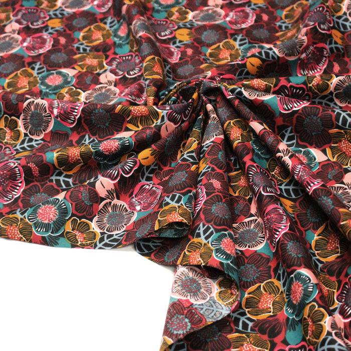 Tissu cotonnade LES FLEURS FAUVES, bordeaux, rose poudré, safran, bleu - OEKO-TEX STANDARD 100