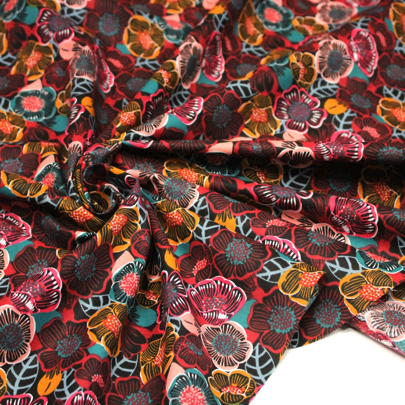 Tissu cotonnade LES FLEURS FAUVES, bordeaux, rose poudré, safran, bleu - OEKO - TEX STANDARD 100 - TissusPapi.com