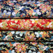 Tissu cotonnade motif japonais traditionnels : fleuris multicolores, fond noir / bleu / rouge - COLLECTION JAPON DORÉ - TissusPapi.com