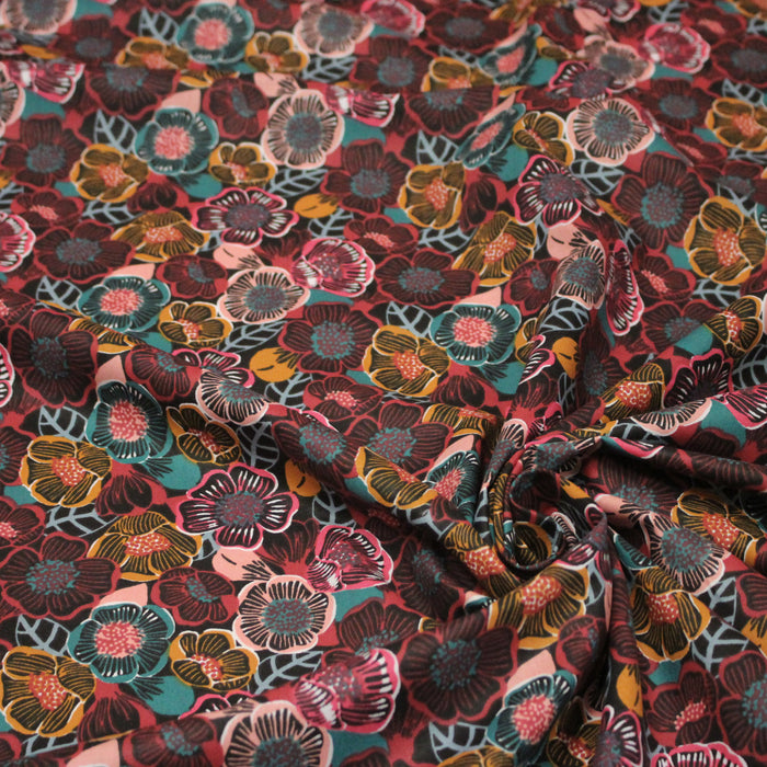 Tissu cotonnade LES FLEURS FAUVES, bordeaux, rose poudré, safran, bleu - OEKO-TEX STANDARD 100