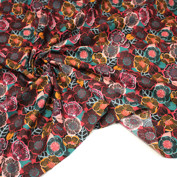 Tissu cotonnade LES FLEURS FAUVES, bordeaux, rose poudré, safran, bleu - OEKO-TEX STANDARD 100