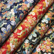Tissu cotonnade motif japonais traditionnels : fleuris multicolores, fond noir / bleu / rouge - COLLECTION JAPON DORÉ - TissusPapi.com
