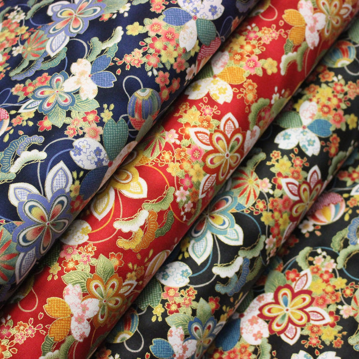 Tissu cotonnade motif japonais traditionnels : fleuris multicolores, fond noir / bleu / rouge - COLLECTION JAPON DORÉ - TissusPapi.com