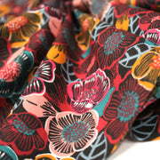 Tissu cotonnade LES FLEURS FAUVES, bordeaux, rose poudré, safran, bleu - OEKO - TEX STANDARD 100 - TissusPapi.com