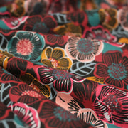 Tissu cotonnade LES FLEURS FAUVES, bordeaux, rose poudré, safran, bleu - OEKO - TEX STANDARD 100 - TissusPapi.com