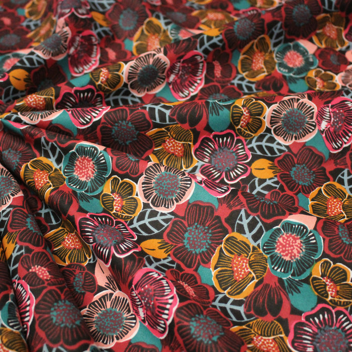 Tissu cotonnade LES FLEURS FAUVES, bordeaux, rose poudré, safran, bleu - OEKO-TEX STANDARD 100