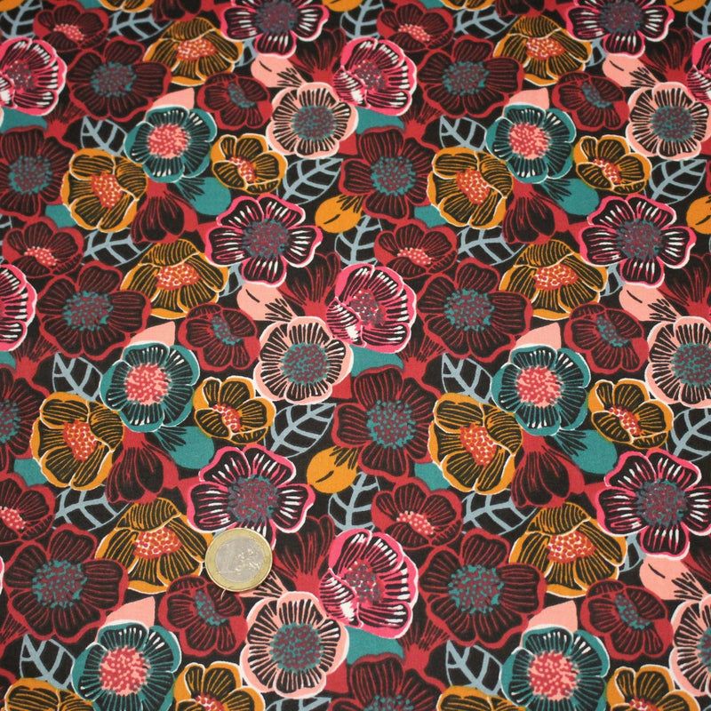 Tissu cotonnade LES FLEURS FAUVES, bordeaux, rose poudré, safran, bleu - OEKO - TEX STANDARD 100 - TissusPapi.com