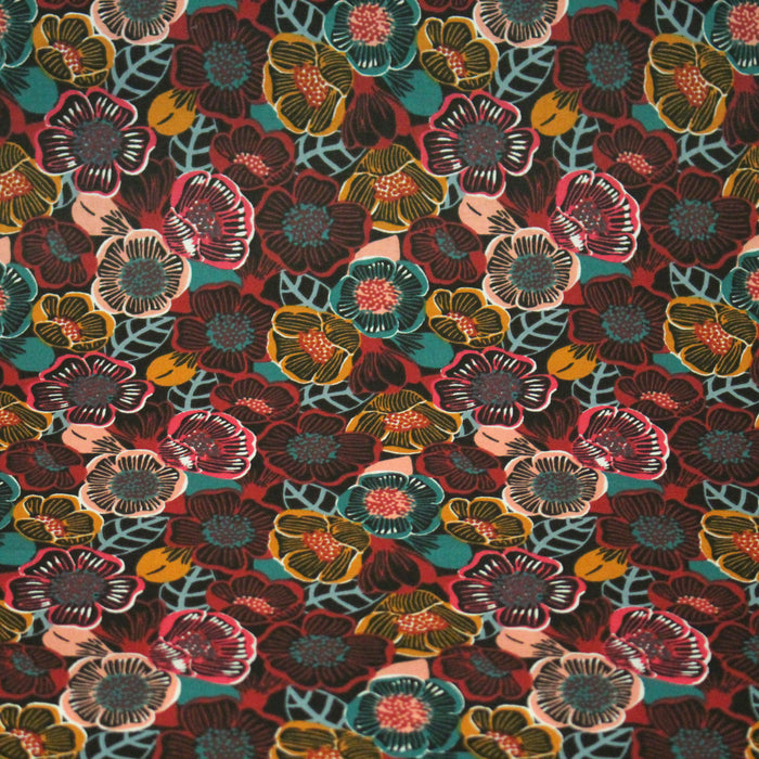 Tissu cotonnade LES FLEURS FAUVES, bordeaux, rose poudré, safran, bleu - OEKO-TEX STANDARD 100
