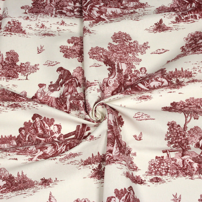Tissu de coton Toile de Jouy traditionnelle française rouge, fond écru - COLLECTION VERSAILLES