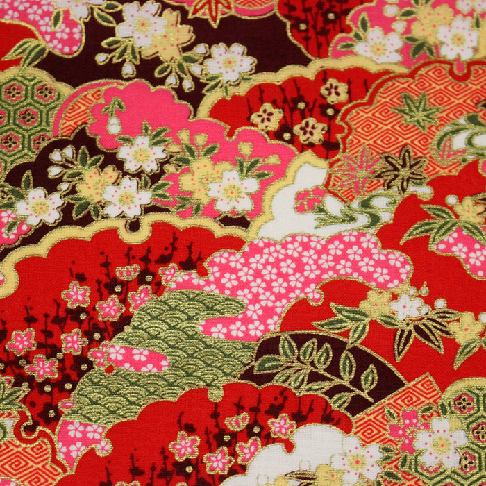 Tissu cotonnade motif japonais traditionnels : fleurs de cerisier, nuages et motifs géométriques dorés, fond bleu / rouge - COLLECTION JAPON DORÉ - TissusPapi.com