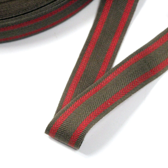 Ruban sergé de coton souple chevrons marron & lignes rouges 30mm - Galette de 100 mètres - Fabrication française