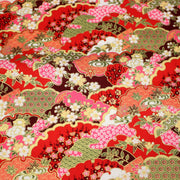 Tissu cotonnade motif japonais traditionnels : fleurs de cerisier, nuages et motifs géométriques dorés, fond bleu / rouge - COLLECTION JAPON DORÉ - TissusPapi.com