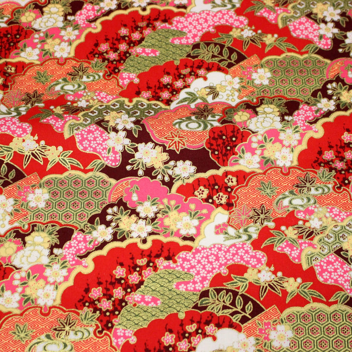 Tissu cotonnade motif japonais traditionnels : fleurs de cerisier, nuages et motifs géométriques dorés, fond bleu / rouge - COLLECTION JAPON DORÉ - TissusPapi.com