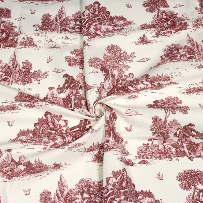 Tissu de coton Toile de Jouy traditionnelle française rouge, fond écru - COLLECTION VERSAILLES