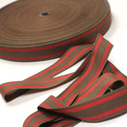 Ruban sergé de coton souple chevrons marron & lignes rouges 30mm - Galette de 100 mètres - Fabrication française - TissusPapi.com