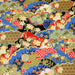 Tissu cotonnade motif japonais traditionnels : fleurs de cerisier, nuages et motifs géométriques dorés, fond bleu / rouge - COLLECTION JAPON DORÉ - TissusPapi.com