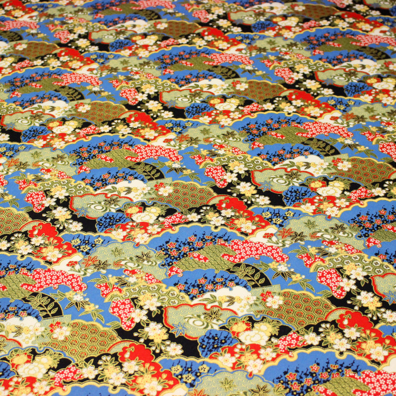 Tissu cotonnade motif japonais traditionnels : fleurs de cerisier, nuages et motifs géométriques dorés, fond bleu / rouge - COLLECTION JAPON DORÉ