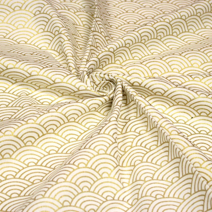 Tissu cotonnade écru au motif vague japonaise Seigaiha doré - COLLECTION JAPON DORÉ