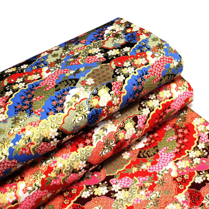 Tissu cotonnade motif japonais traditionnels : fleurs de cerisier, nuages et motifs géométriques dorés, fond bleu / rouge - COLLECTION JAPON DORÉ - TissusPapi.com